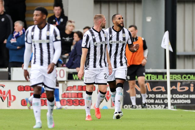 St Mirren’s Jonah Ayunga (right) celebrates scoring