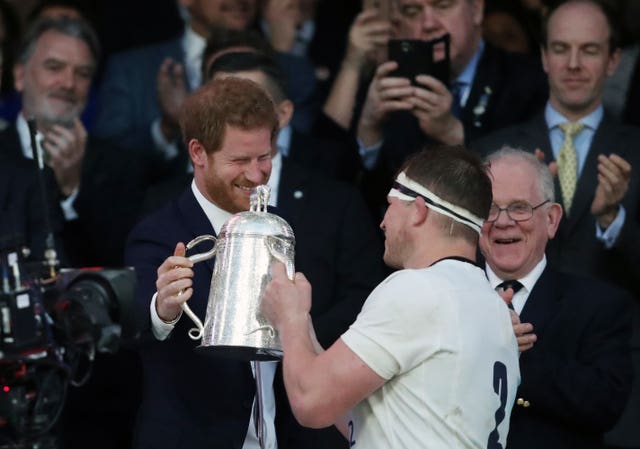Prince Harry presents the Calcutta Cup to Hartley 