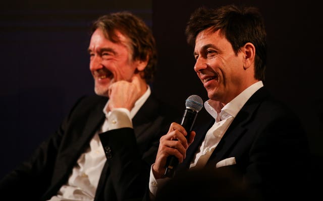 Toto Wolff, right, and INEOS chairman Sir Jim Ratcliffe speaking at the Royal Automobile Club
