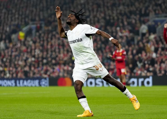 Bayer Leverkusen’s Jeremie Frimpong reacts