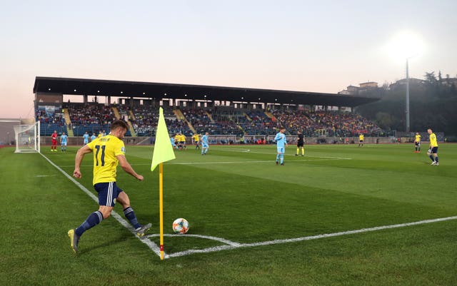 Scotland’s Ryan Fraser takes a corner in San Marino 