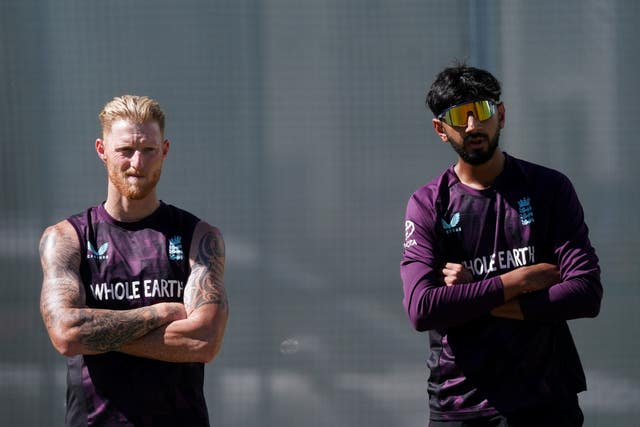 England captain Ben Stokes (left) and Shoaib Bashir (right) stand together at training.