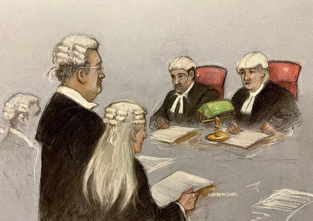 Court artist sketch of Julian Assange’s barrister Edward Fitzgerald KC, on his feet in front of judges, Mr Justice Johnson and Dame Victoria Sharp, at the Royal Courts of Justice in London, during a two-day hearing in his extradition case. 