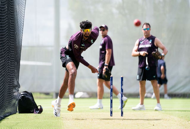 Shoaib Bashir bowls in the nets on England's Ashes tour.
