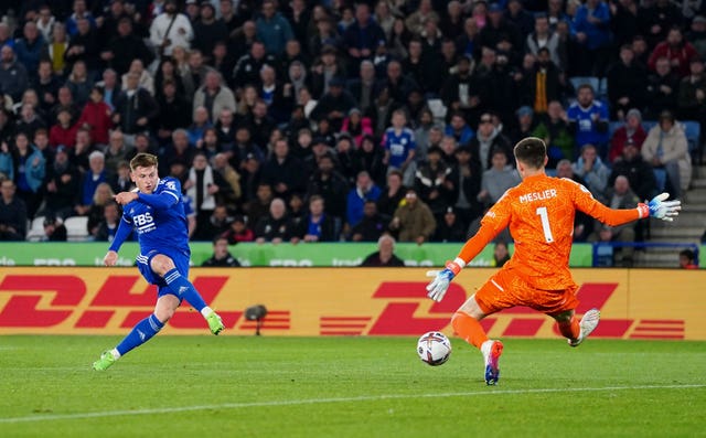 Harvey Barnes scores Leicester's second goal against Leeds