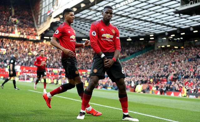 Paul Pogba celebrates scoring Manchester United's second goal of the game in his side's 2-1 win against West Ham at Old Trafford 