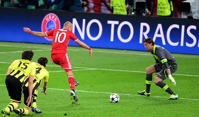 Bayern Munich's Arjen Robben scores the winning goal in the 2013 final at Wembley