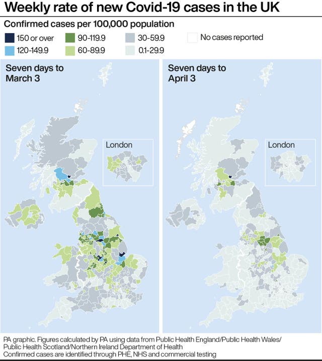 Weekly rate of new Covid-19 cases in the UK