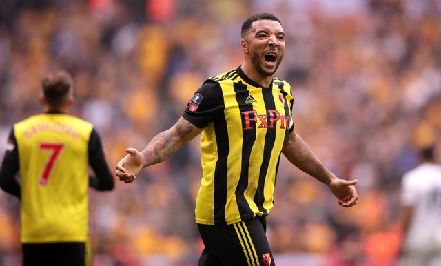 Troy Deeney celebrates scoring against Wolves in the FA Cup semi-final