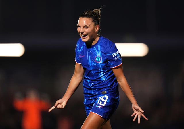 Chelsea’s Johanna Rytting Kaneryd celebrates her winning goal against Aston Villa