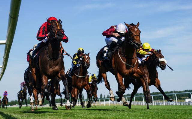 Rage of Bamby (second right) winning at Newbury