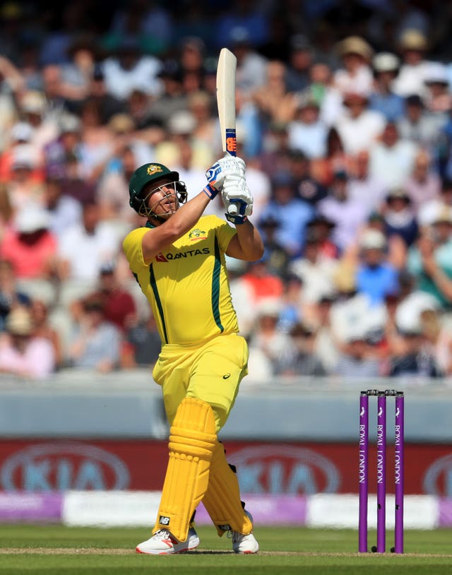 Australia's Aaron Finch hits a six against England at Old Trafford