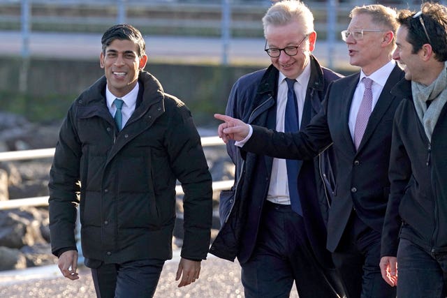 The Prime Minister, left, and Minister for Levelling Up, Housing and Communities Michael Gove, second left, during a visit to the Eden Project North in Morecambe, Lancashire