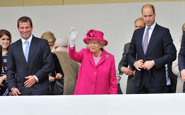 Peter Phillips with his grandmother Queen Elizabeth II and the then-Duke of Cambridge at her 90th birthday