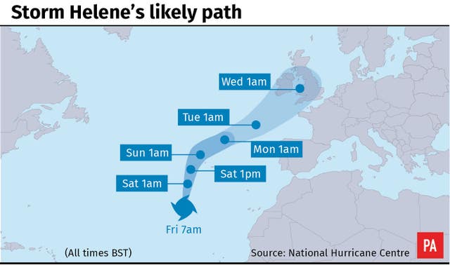 Storm Helene's likely path (PA Graphics)