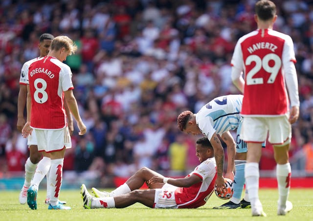 Timber (centre) was forced off early on in the second-half against Nottingham Forest