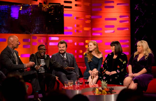 (left to right) Dwayne Johnson, Kevin Hart, Jack Black, Jessica Chastain, and Dawn French during filming of the Graham Norton Show at The London Studios, to be aired on BBC One on Friday.