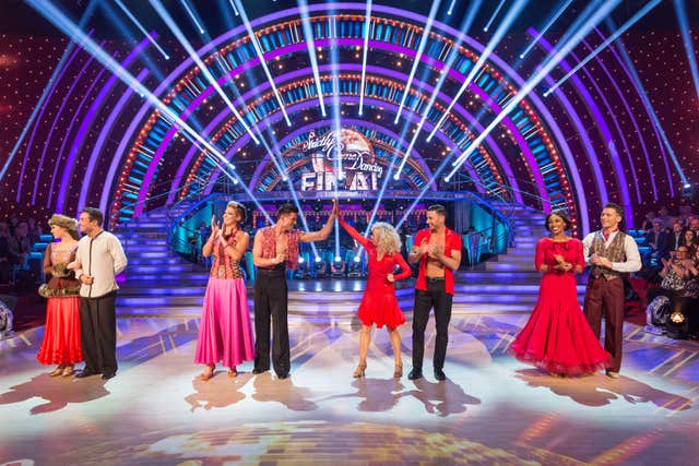 Katya Jones, Joe McFadden, Gemma Atkinson, Aljaz Skorjanec, Debbie McGee, Giovanni Pernice, Alexandra Burke and Gorka Marquez during the Strictly final (Guy Levy/BBC)