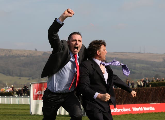 Paul Nolan (right) is delighted with Discorama's performance in the National HUnt Chase, and the six-year-old's well-being since