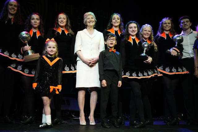 Irish President Catherine Connolly with Irish dancers who performed during her visit to the Irish Cultural Centre in Hammersmith