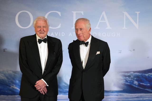 King Charles stands with David Attenborough as he attends the premiere of ‘Ocean with David Attenborough’