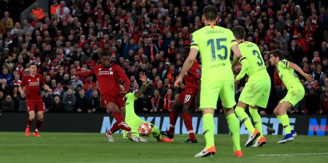 Georginio Wijnaldum scores against Barcelona at Anfield