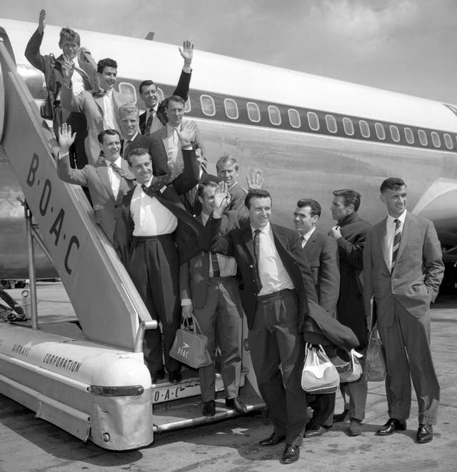 Jimmy Armfield, front centre, with the England World Cup squad on their way to Chile in 1962.