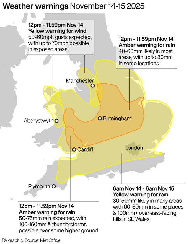 A PA graphic showing weather warnings for November 14-15