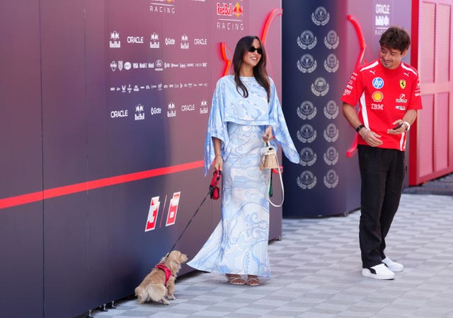 Charles Leclerc's dog, Leo, takes a pit-stop in front of Max Verstappen's Red Bull garage