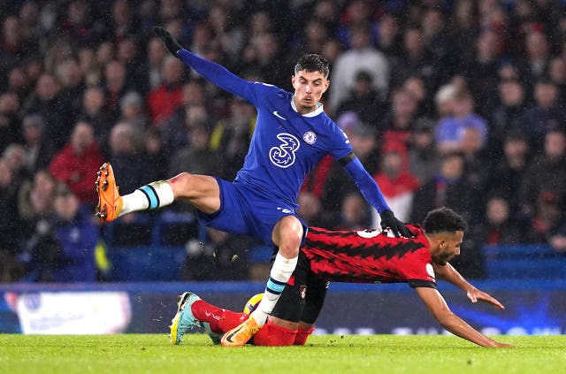 Chelsea’s Kai Havertz (left) and Bournemouth’s Lloyd Kelly battle for the ball