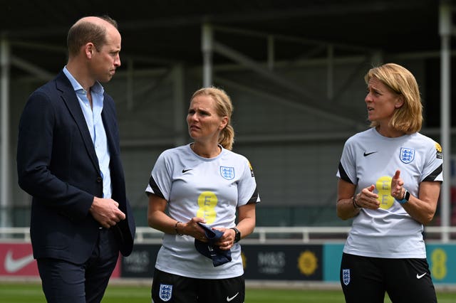 England boss Sarina Wiegman (centre) in conversation with the duke (Paul Ellis/PA).