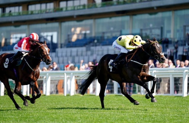 Cold Case and Clifford Lee (yellow) winning the British Racing School 40th Anniversary Commonwealth Cup Trial at Ascot, with Bradsell (red) in third