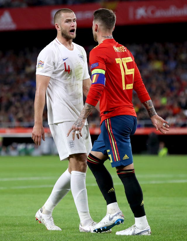 England's Eric Dier (left) exchange words with Spain's Sergio Ramos