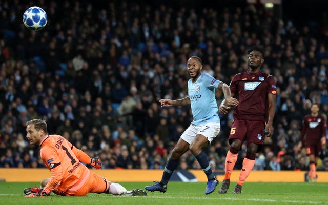 Manchester City’s Raheem Sterling misses a shot on goal. (PA)