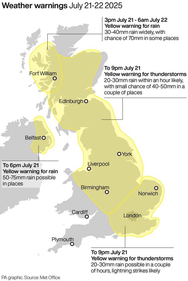 Weather warnings July 21-22 2025
