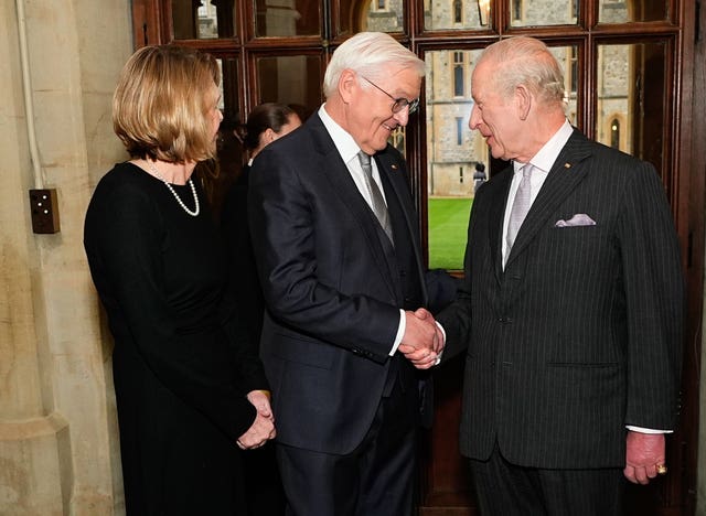 Charles bids farewell to German President Frank-Walter Steinmeier and his wife Elke Budenbender as they depart from Windsor Castle during their state visit last week