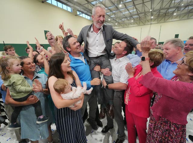 Sean Kelly celebrates with friends, family and supporters after becoming the first MEP to be elected in Ireland’s European elections