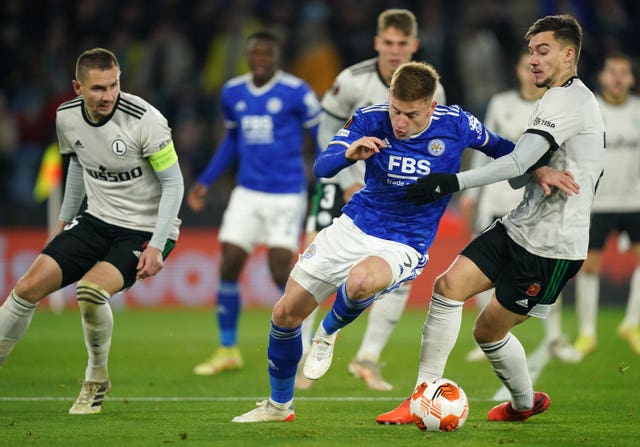 Harvey Barnes and Legia Warsaw’s Mateusz Wieteska (right) battle for the ball