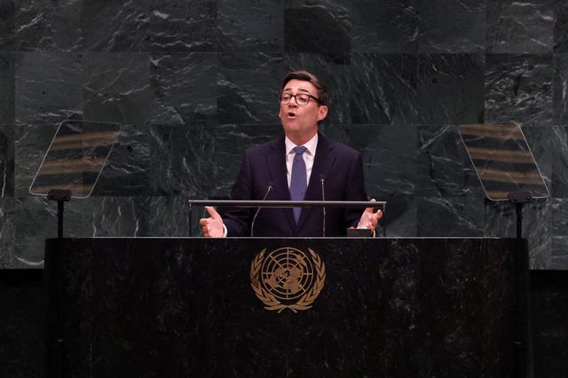 Prime Minister Andy Burnham delivers a speech at the United Nations General Assembly in New York during his visit to the US
