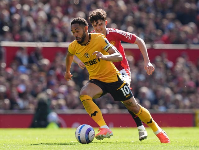 Wolves forward Matheus Cunha in action against Manchester United