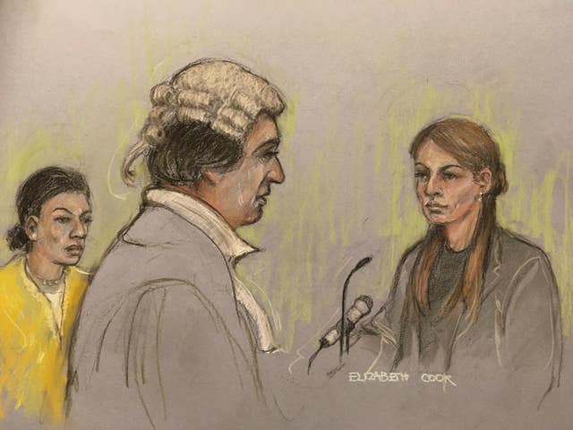 Coleen Rooney, watched by Rebekah Vardy, during the trial