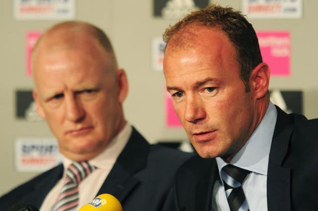Alan Shearer (right) and assistant Iain Dowie are unveiled at a press conference