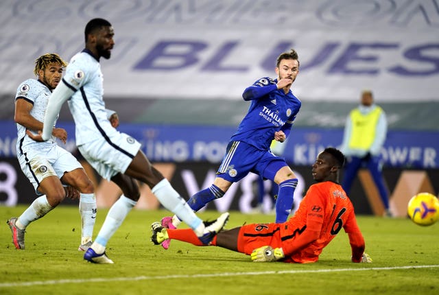 James Maddison, centre, scores Leciester's second goal