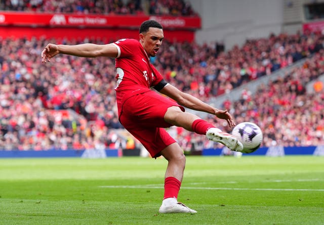Liverpool’s Trent Alexander-Arnold volleys the ball