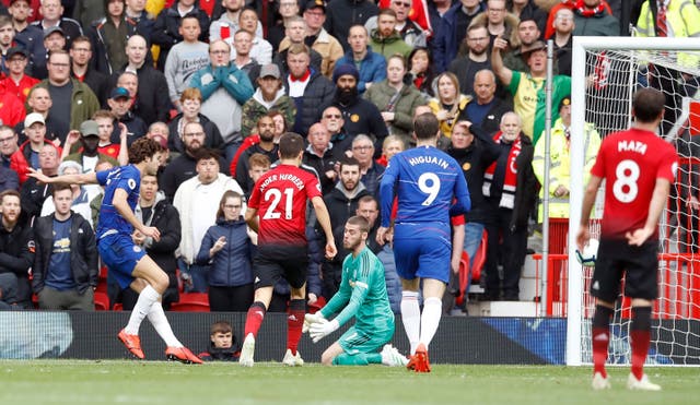 Marcos Alonso, left, was able to level for Chelsea after a mistake from David De Gea, centre (Martin Rickett/PA)