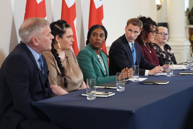 (left to right) Marlon West, Fiona Goddard, Conservative Party leader Kemi Badenoch, shadow home secretary Chris Philp, Lucia Rea and Theresa Smith during a press conference setting out their proposed terms of reference for a national inquiry into grooming gangs