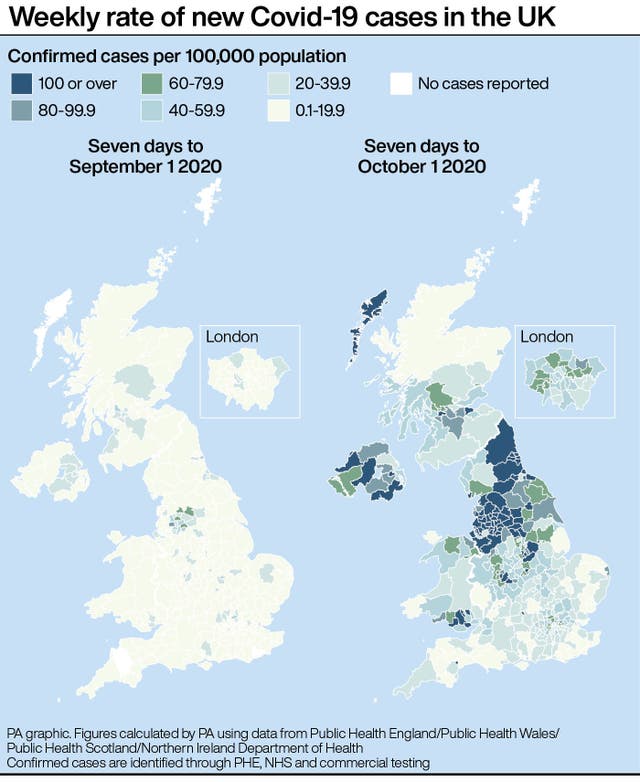 Weekly rate of new Covid-19 cases in the UK