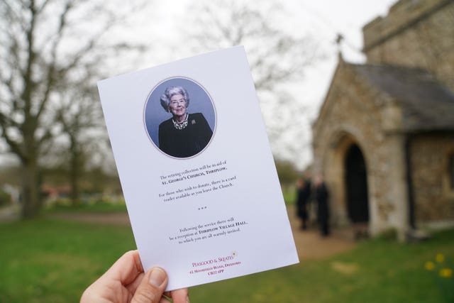 The Order of Service for the funeral of former Speaker of the House of Commons Betty Boothroyd at St George’s Church, Thriplow, Cambridgeshire