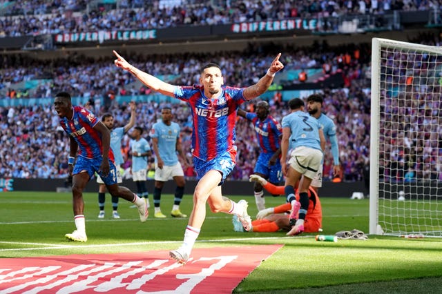 Crystal Palace’s Daniel Munoz celebrates after scoring in the FA Cup final, but his goal was ruled out for offside