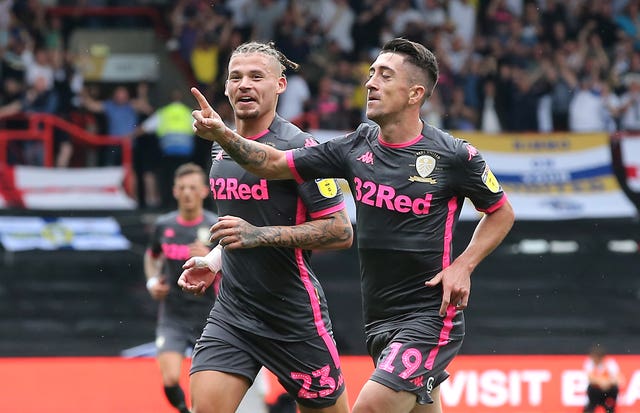 Pablo Hernandez, right, celebrates scoring Leeds' opener at Bristol City in last season's opener